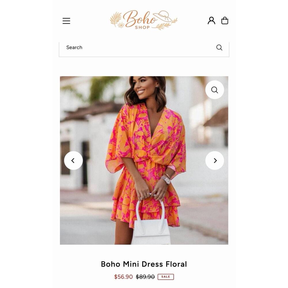 NEW, Tried On Only. Boho Mini Dress Floral in Pink & Orange